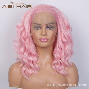 Aisi Hair Medium Long Wavy Pink Synthetic Wig Cosplay Body Wave Swiss Lace Wig Synthetic Lace Front Hair Wigs For Black Women